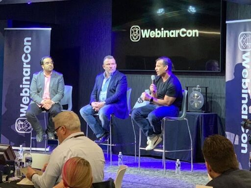 Rich Schefren on stage at WebinarCon with Lurn founder Anik Singal and DigitalMarketer co-founder Perry Belcher